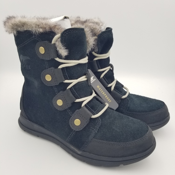 Sorel Shoes - Sorel Explorer Joan Waterproof Snow Boots-Black Leather/Grey Faux Fur- Women's 7